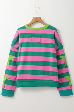 Pink striped and star patchwork crew neck sweatshirt