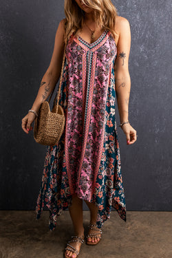 Bohemian pink floral print patchwork long summer dress