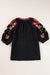 Black textured blouse with puffy sleeves and Ricrac floral embroidery