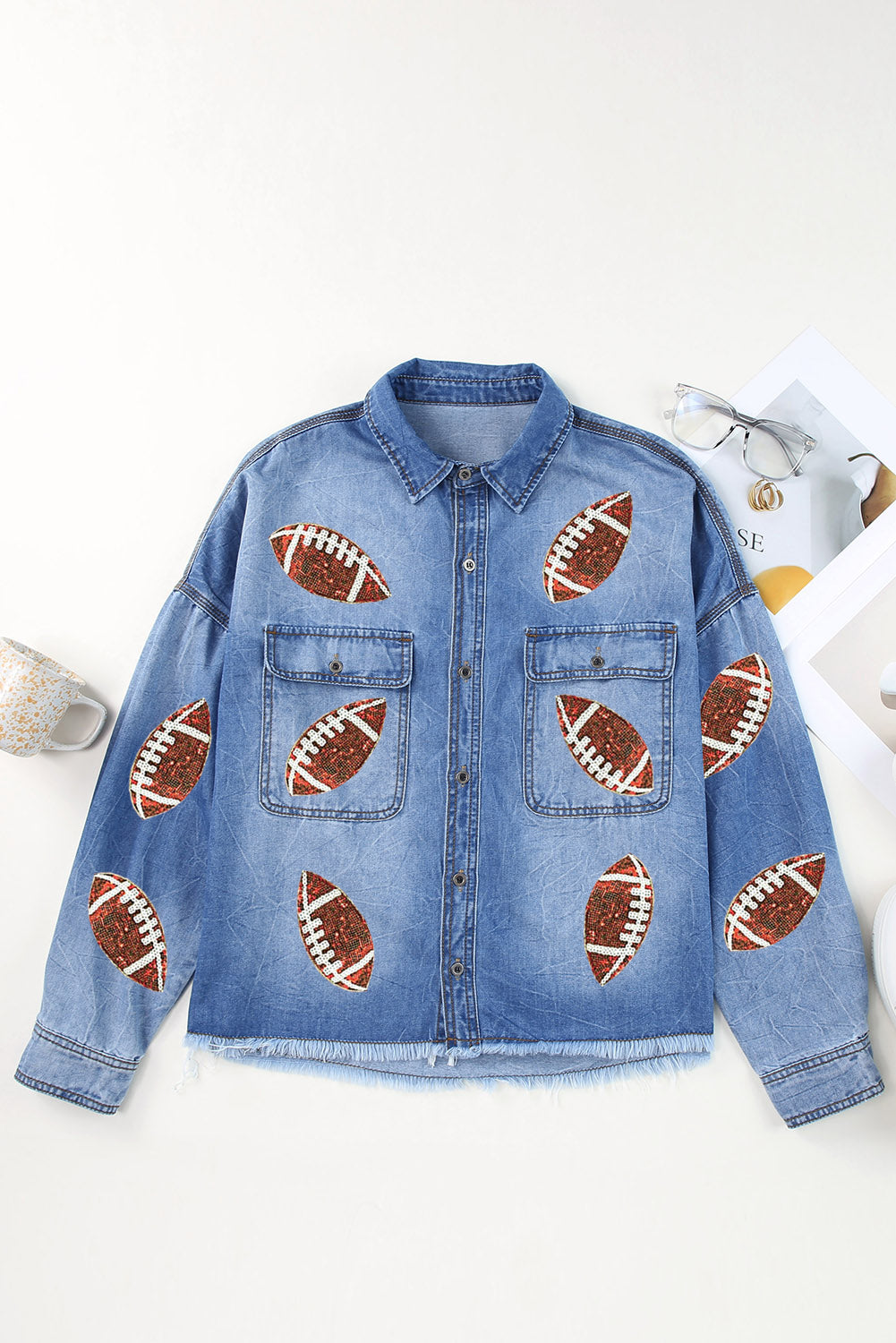 Sky Blue Sequin Denim Jacket with Flap Pockets and Raw Hem for Game Day