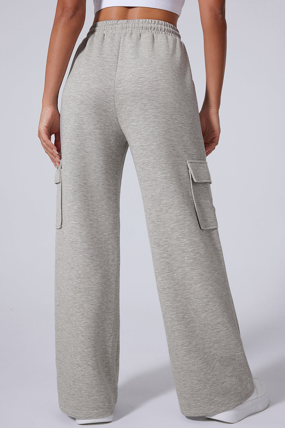 Pantalon d'entraînement à jambes larges et multi-poches à lacets taille haute gris clair