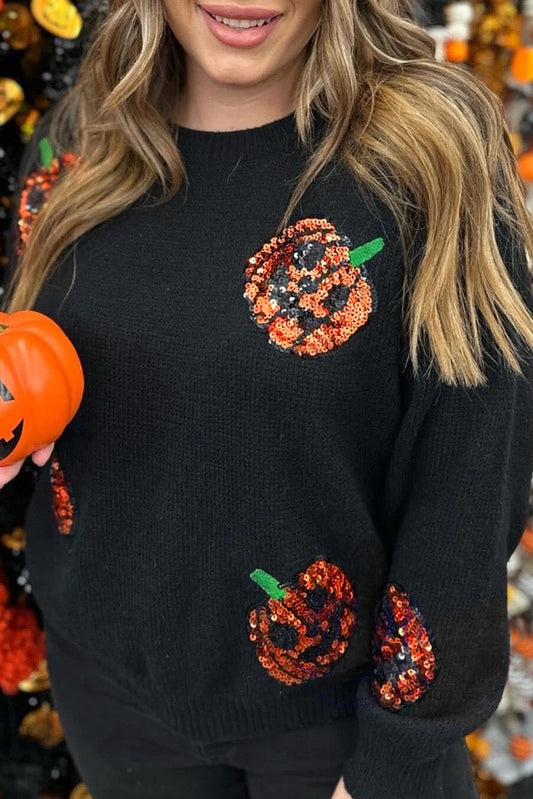 Pull Noir à Motif de Citrouille à Paillettes d'Halloween de Grande Taille