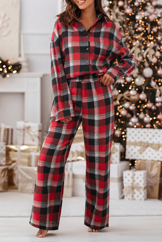 Ensemble chemise ample et pantalon à motif à carreaux de Noël rouge