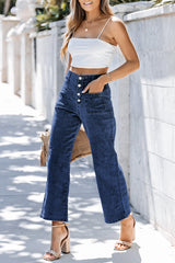 Jean large bleu raccourci à taille haute et boutons devant