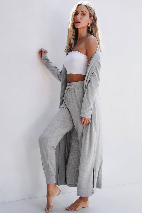 Ensemble de salon avec cardigan long fendu et pantalon slim gris clair