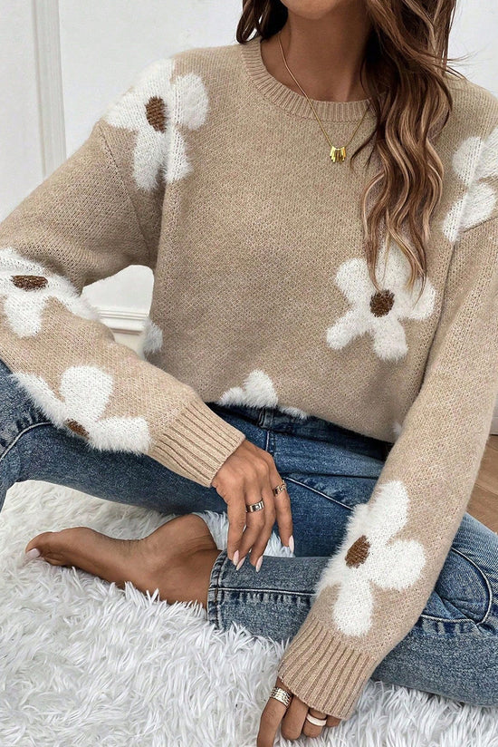 Parchment Flower Pattern Ribbed Crew Neck Sweater