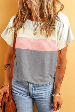 T-shirt gris côtelé en patchwork color block *