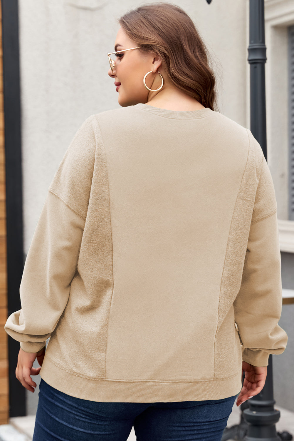 Plus Size Loose Crew Neck Patchwork Sweatshirt Apricot