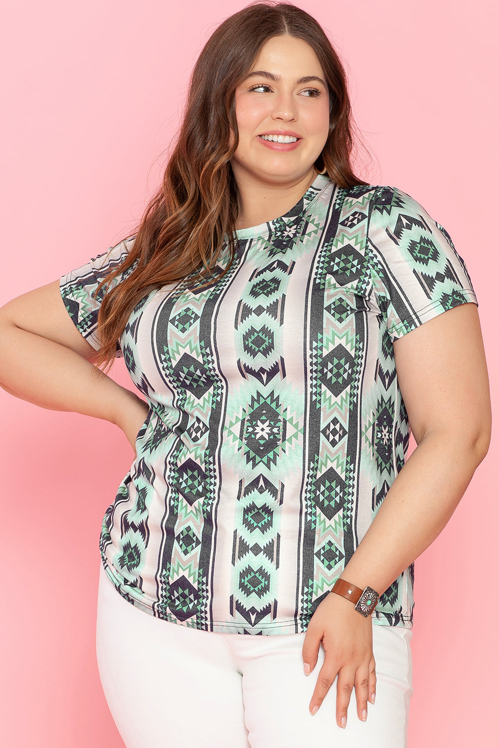 Green Retro Aztec Print Plus Size T-Shirt