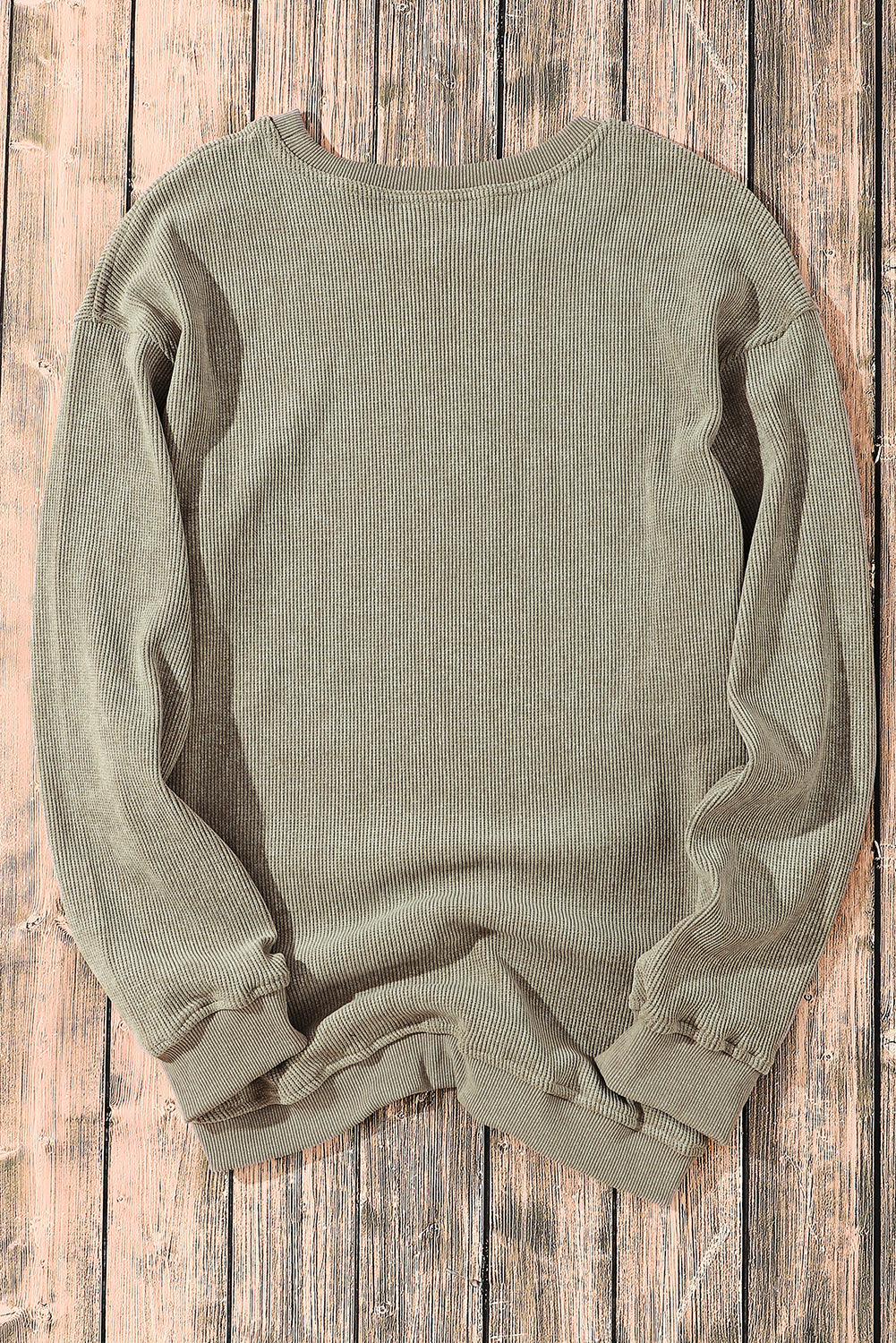 Solid Green Ribbed Knit Crew Neck Sweatshirt