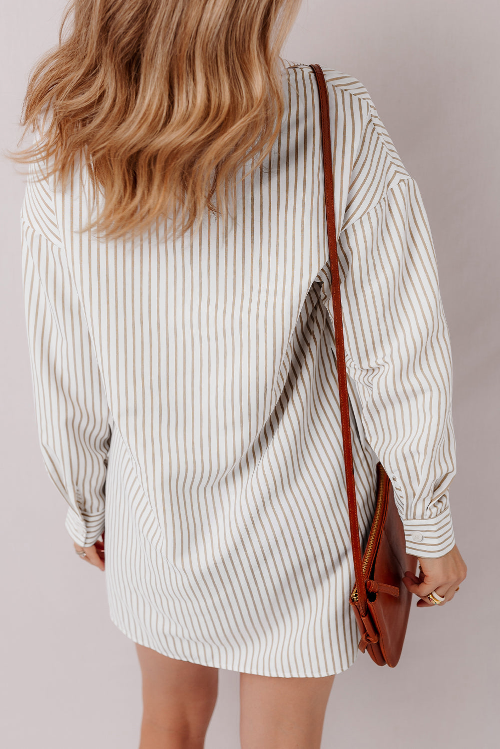 Khaki Striped Long Sleeve Button Down Shirt Mini Dress