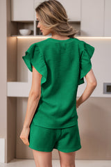 Ensemble t-shirt à manches volantées texturé vert vif et short à cordon de serrage-A WOMAN WE LOVE