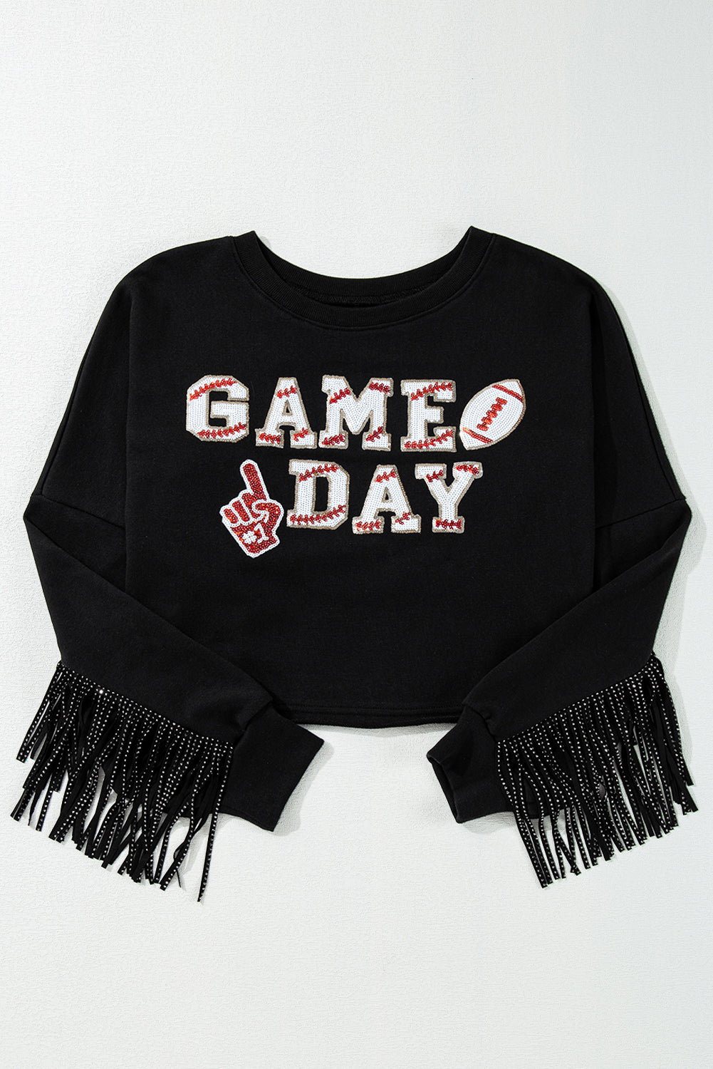 GAME DAY Rugby Black Fringed Sequin Cropped Sweatshirt