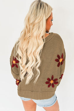 Sage Green Floral Ribbed Knit V-Neck Sweater