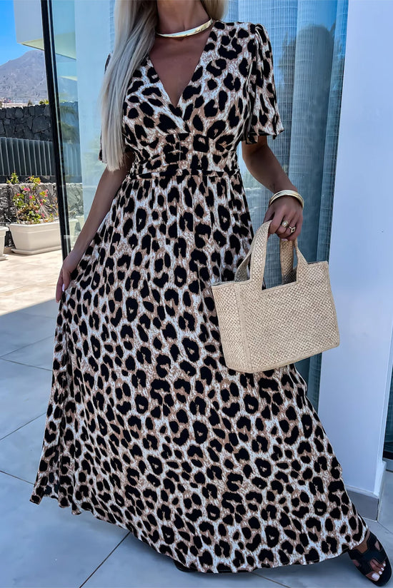 Long khaki leopard dress in v *