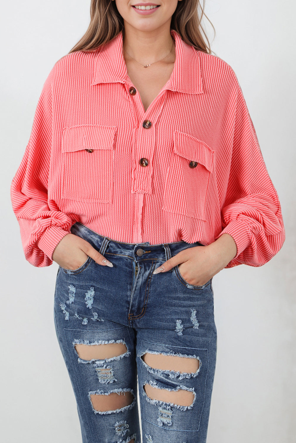 Pink Henley Top with Flap Pocket and Drawstring