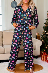 Ensemble pyjama chemise et pantalon imprimé lumières de Noël colorées bleu marine-A WOMAN WE LOVE
