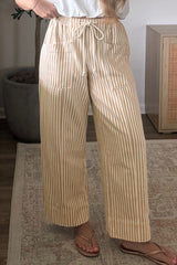 Pantalon abricot rayé en coton à cordon et poches devant