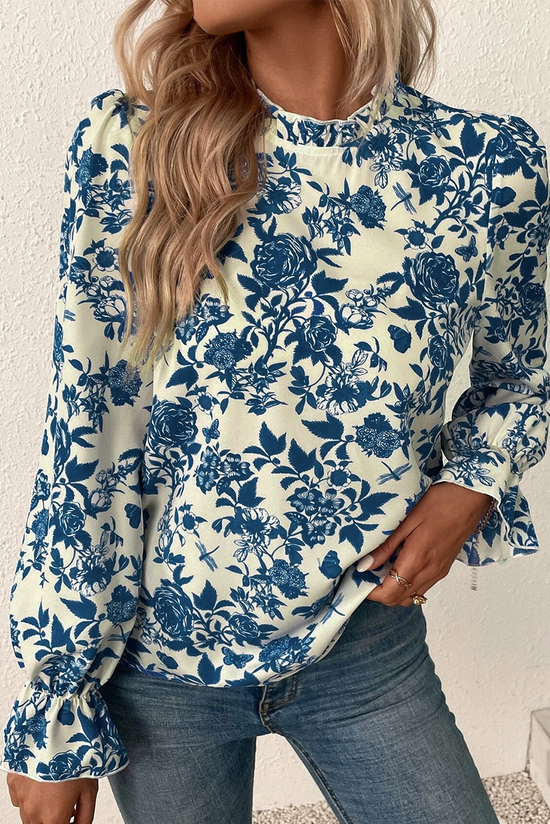 Sky blue blouse with floral print and ruffle sleeves *