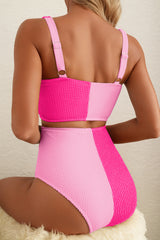 Maillot de bain bikini rose à cordons et col carré