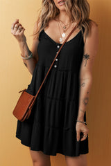 Black Sleeveless Ruffle V-Neck Dress with Buttons