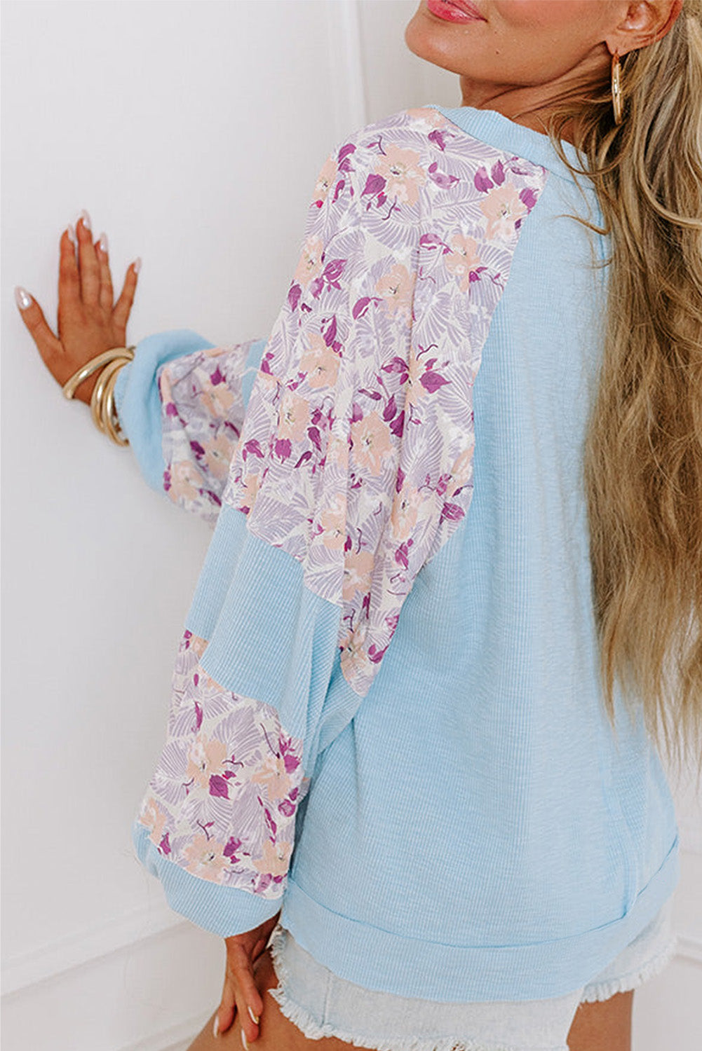 Beau Blue Textured Floral Patchwork Balloon Sleeve Blouse