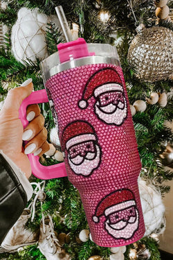 Tasse Thermos Diamant Rose Rouge Noël Père Noël avec Paille 40oz