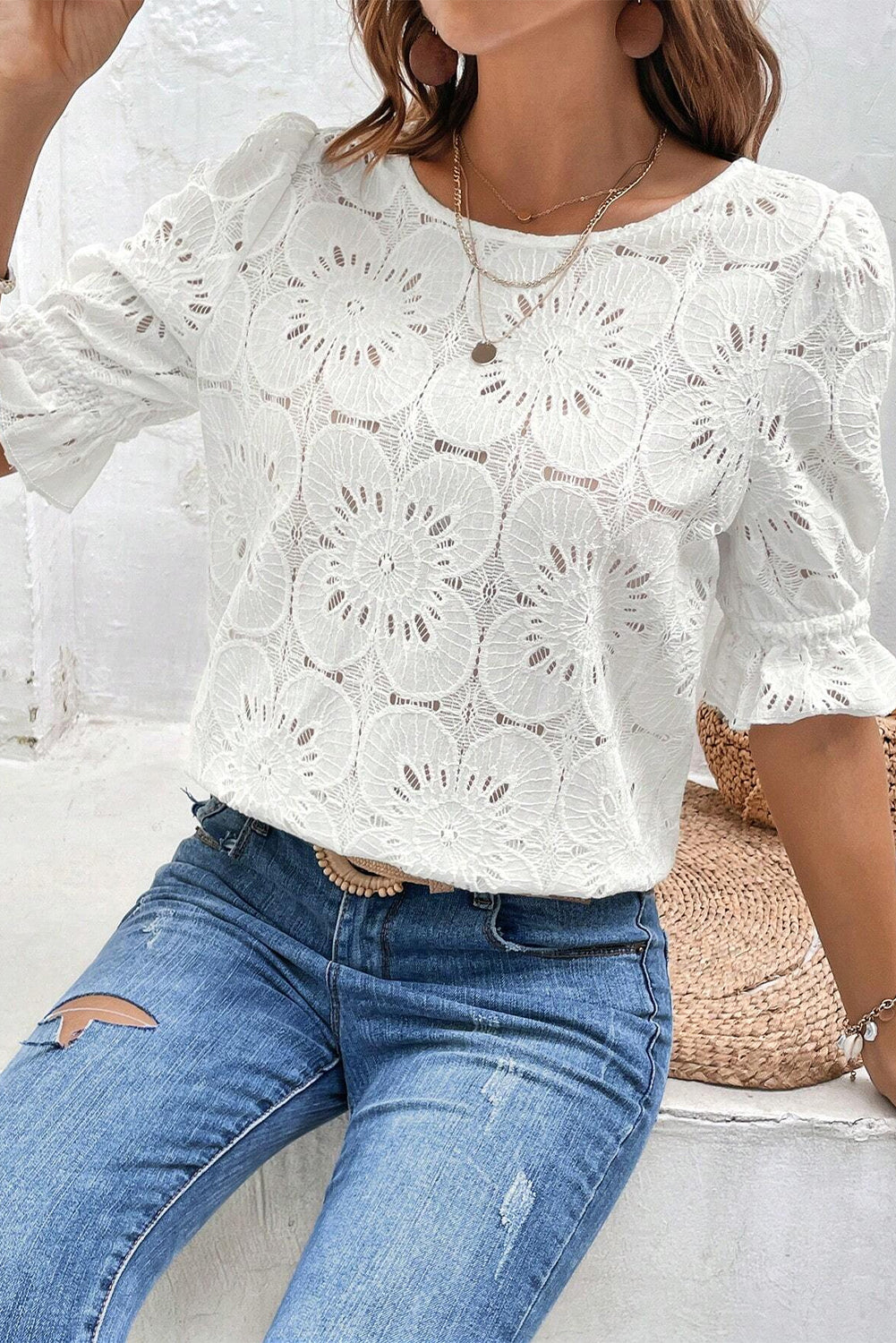 White with ruffle sleeves and jacquard lock hole with eyelets and flowers