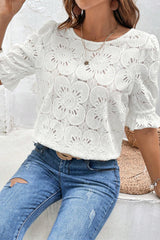 White with ruffle sleeves and jacquard lock hole with eyelets and flowers