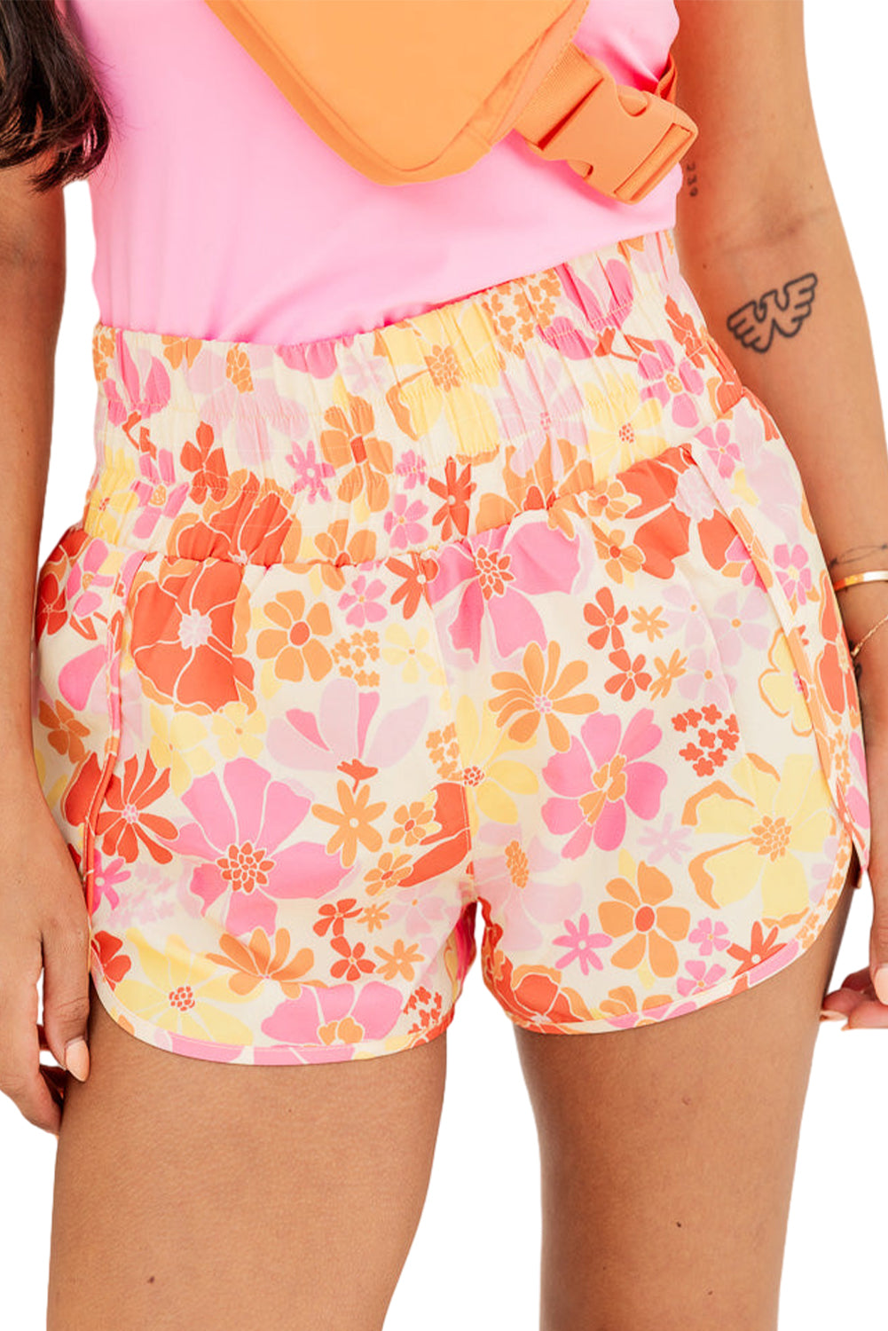 Orange Boho Floral Shirred High Taist Casual Shorts