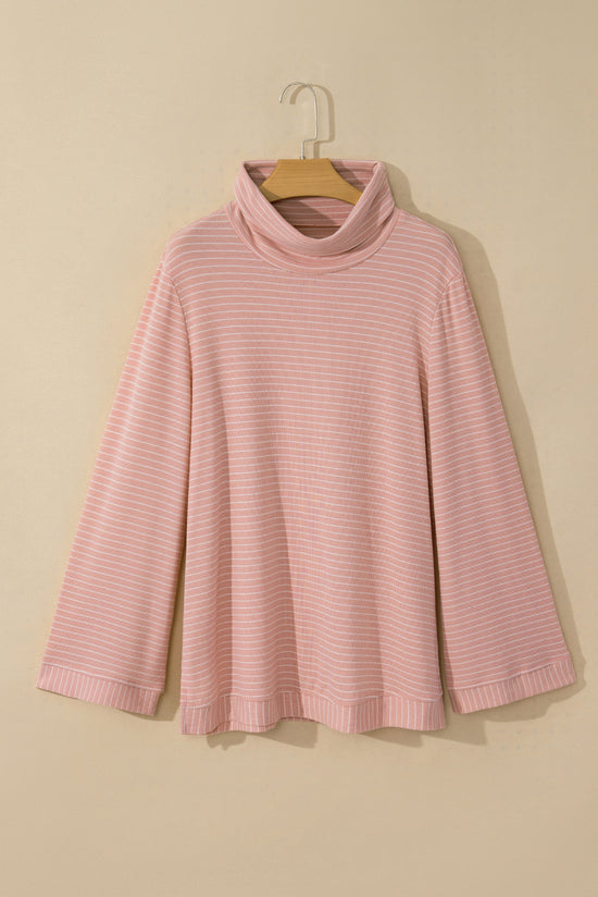 Pink Striped Long Sleeve Cowl Neck Loose Top with Side Slits