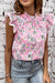 Top rosa con mangas flotantes y collar vertical con estampado abstracto multicolor