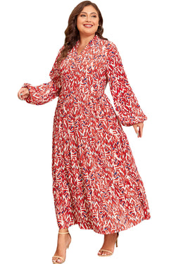 Long -waisted print dress abstract and large red V -neck