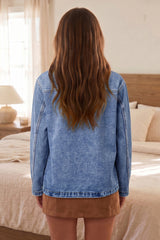 Sky Blue Patchwork Faux Leather Collar Long Sleeve Denim Jacket