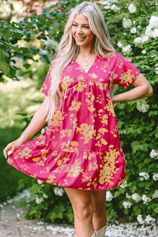 Pink Floral Print Batwing Sleeve Smocked Dress