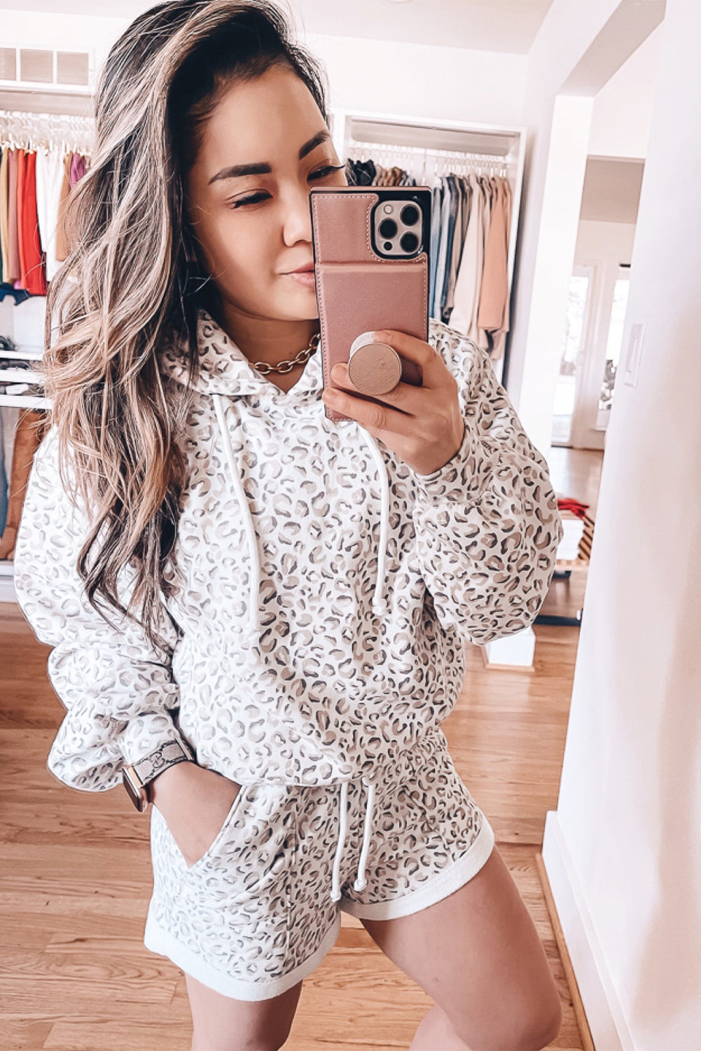 Classic White Leopard Hoodie and Shorts Set