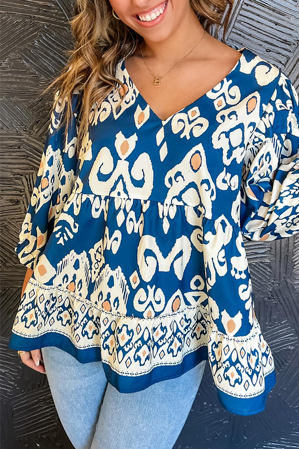 Blue Tribal Geometric Print 3/4 Ärmeln fließende Fitbluse