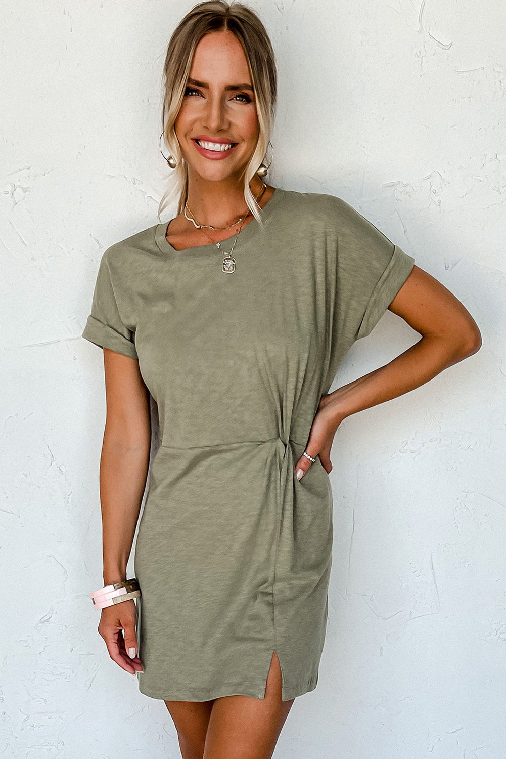 Laurel Green - Twisted Foldover Sleeve Mini T-Shirt Dress
