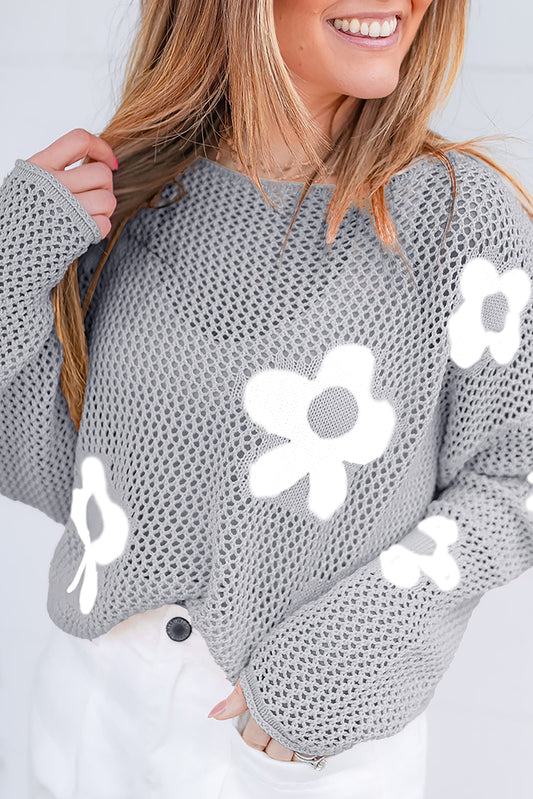 Big fleur gris clair pull d'épaule en tricot en tricot