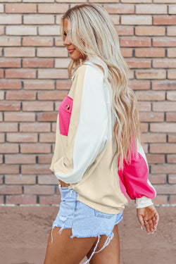 Oversized Ribbed Collar Sweatshirt in Red Pink Color Block