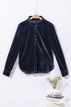 Navy blue velvet buttoned on the front at the flying collar