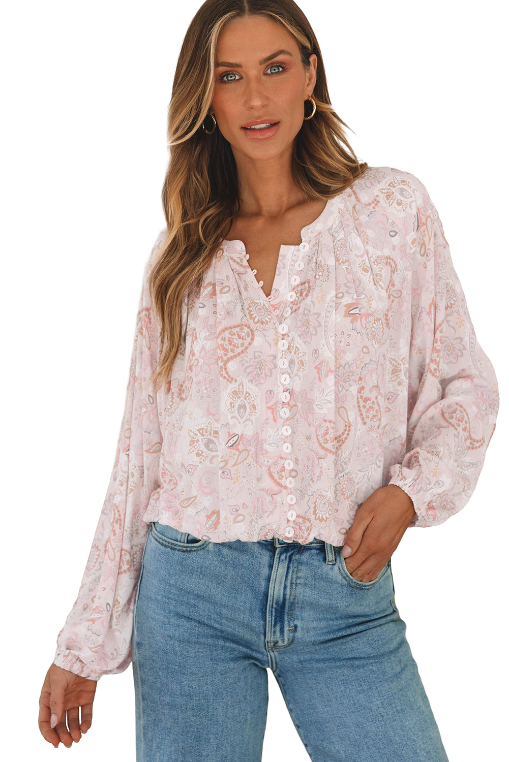 Pink Paisley Druckknöpfe Bubble Sleeve Bluse