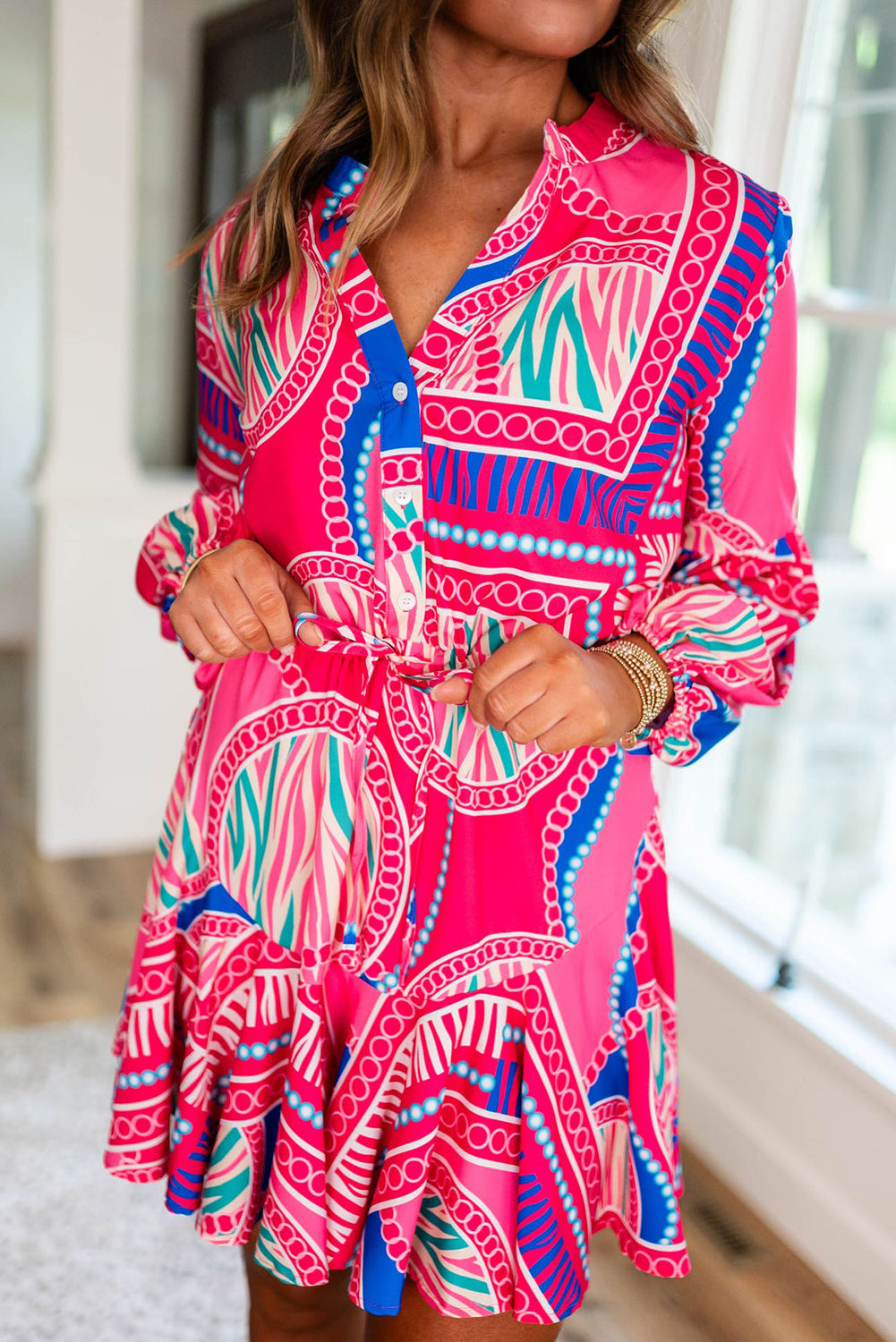 Rose Boho Abstract Printed Puff Sleeve Drawstring Waist Ruffled Mini Dress