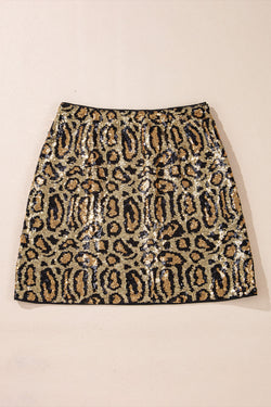 Brown disco mini skirt with glitter and leopard print