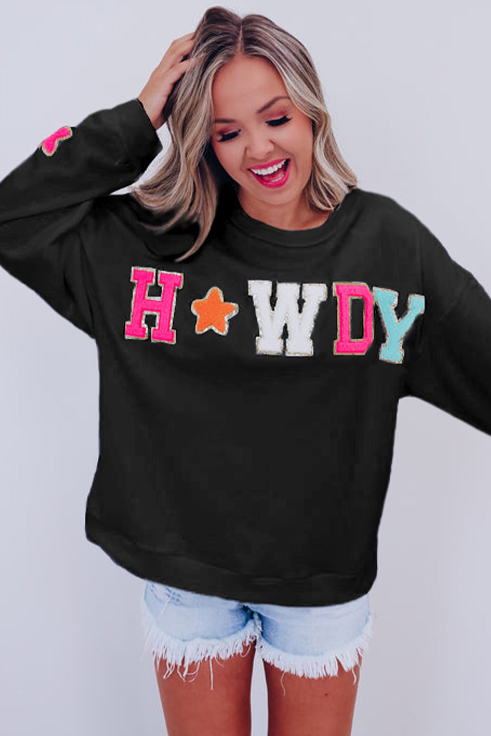 Black Howdy Glitter chenille patch graphic décontracté sweat