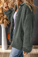 Veste Sherpa grise à bordures en velours côtelé et patch aux coudes