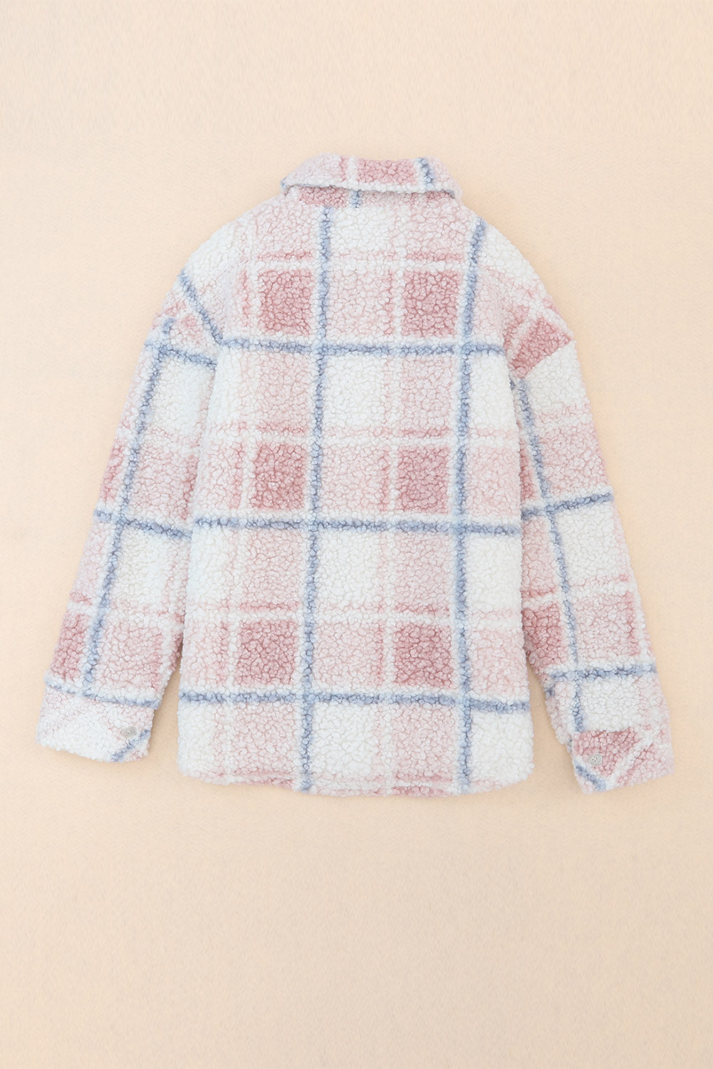Sherpa jacket with turndown collar and multi-colored plaid print