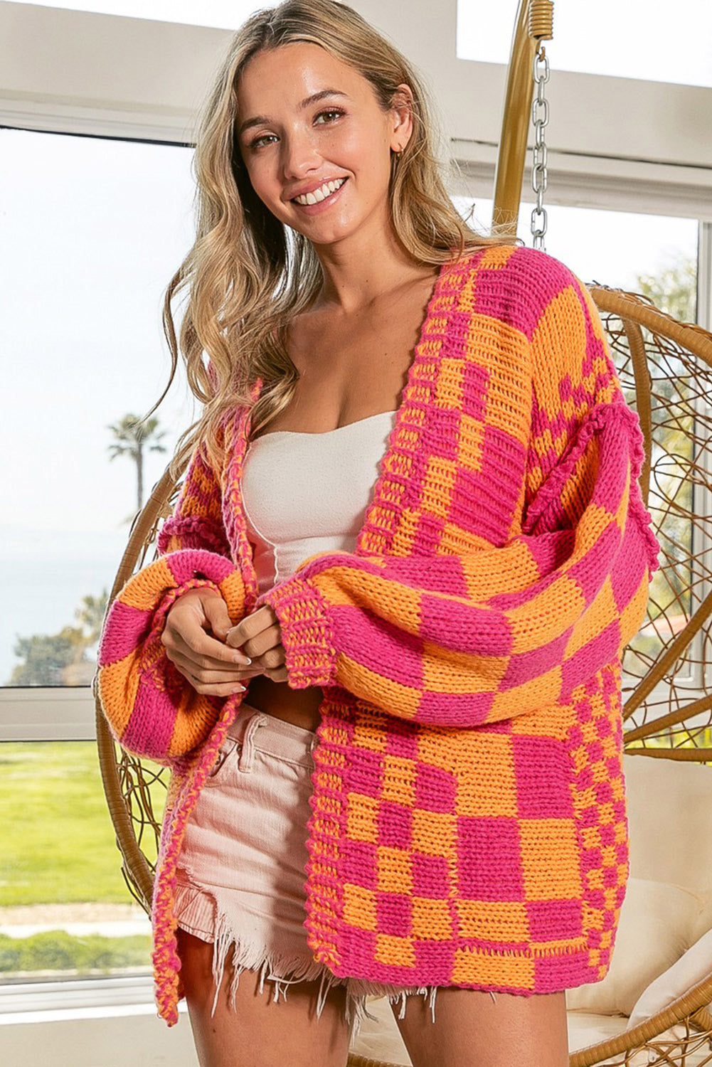 Multicolored mixed plaid open front knit cardigan