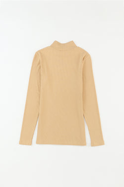 Khaki long sleeve ribbed knit mock neck top