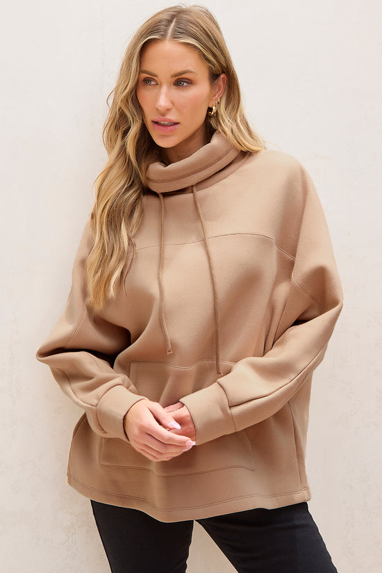 Sudadera ligera de beige beige con cuello de tortuga y mangas de Dolman con cordón apretado